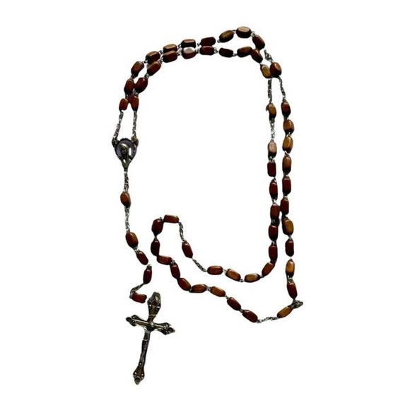 Rosary Rectangular Wooden Beads With Silver Crucifix and Blessed Mother Italy - Picture 3 of 5